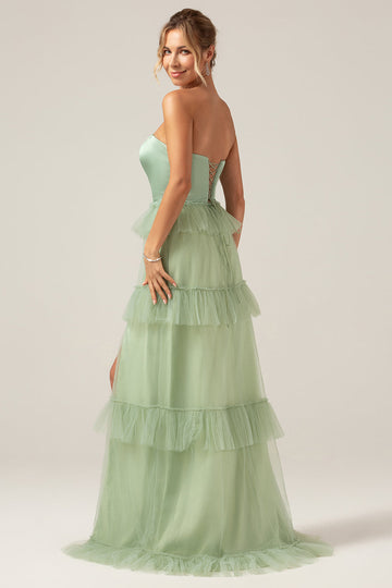 Matcha A-Line Strapless Long Bridesmaid Dress with Ruffles